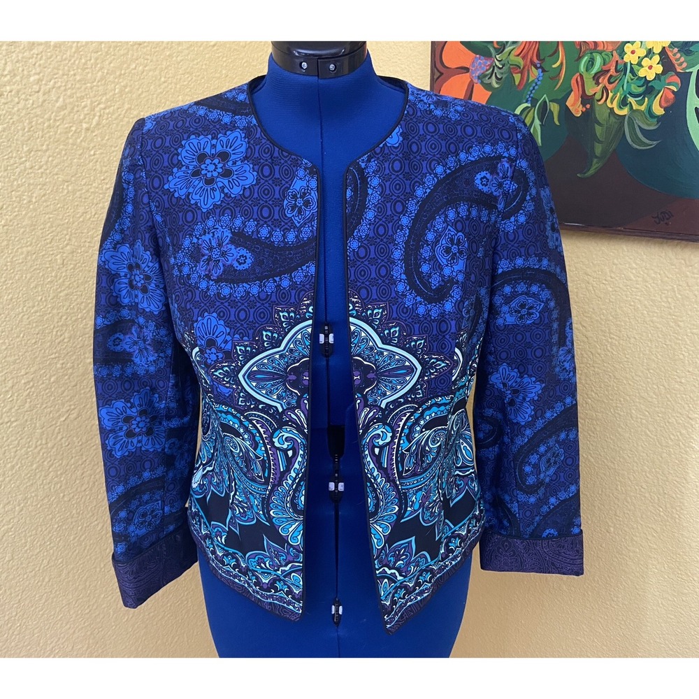 Coldwater Creek Womens Blue Teal Paisley Open Front Lined Coat Size 10 P Petite